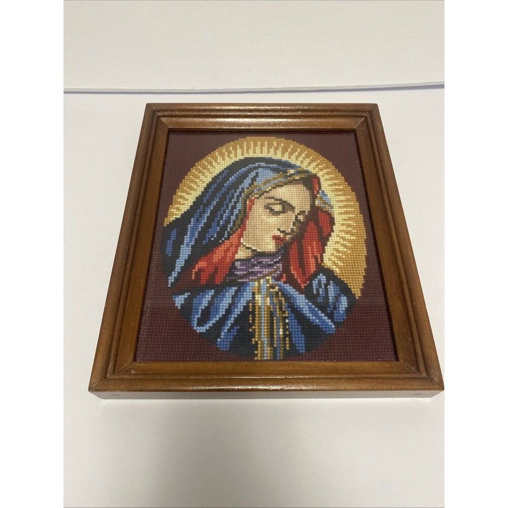 Vintage Madonna Virgin Mary Wool Needlepoint Framed Tapestry Religious Wall Art